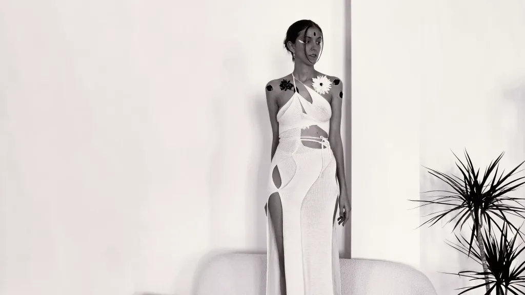 Prana dress is a unique asymmetric design, hand-knitted with a zero waste technique. Each piece is one-of-a-kind, offering you a truly personal creation.