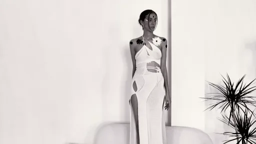 Prana dress is a unique asymmetric design, hand-knitted with a zero waste technique. Each piece is one-of-a-kind, offering you a truly personal creation.
