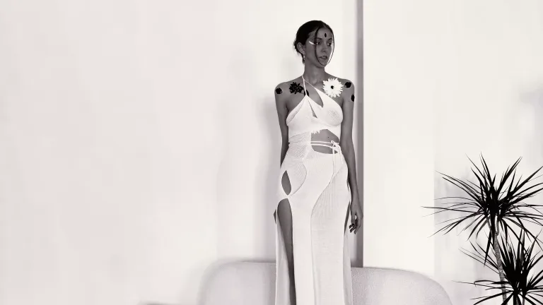 Prana dress is a unique asymmetric design, hand-knitted with a zero waste technique. Each piece is one-of-a-kind, offering you a truly personal creation.